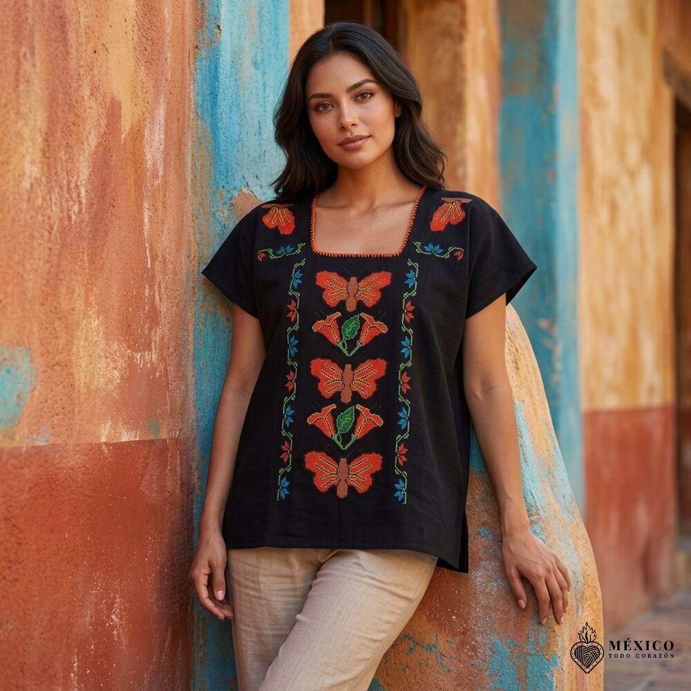 Traditional Mexican Monarch butterflys  Blouse – Embroidered Manta Top  L XL